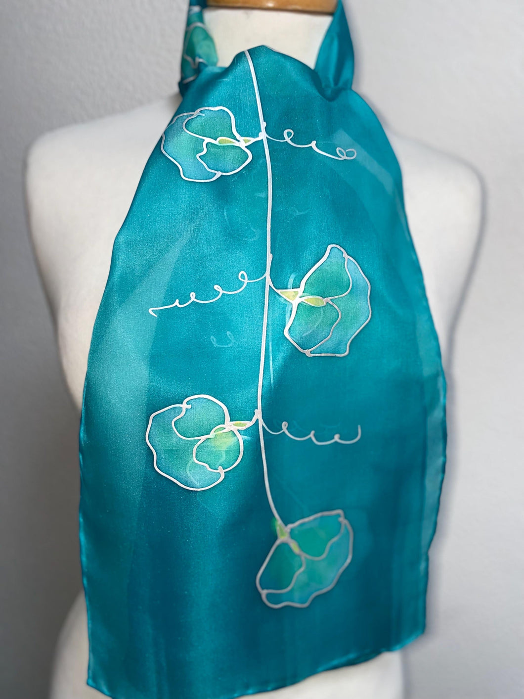 Sweet Peas Design Hand Painted Silk Neck Scarf Turquoise, Silver