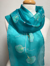Load image into Gallery viewer, Sweet Peas Design Hand Painted Silk Neck Scarf Turquoise, Silver
