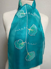 Load image into Gallery viewer, Sweet Peas Design Hand Painted Silk Neck Scarf Turquoise, Silver
