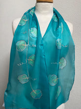 Load image into Gallery viewer, Sweet Peas Design Hand Painted Silk Neck Scarf Turquoise, Silver
