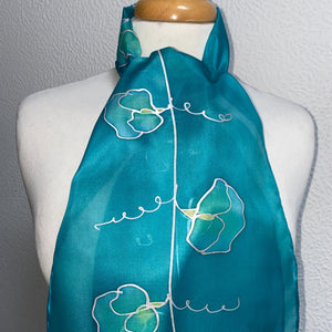 Sweet Peas Design Hand Painted Silk Neck Scarf Turquoise, Silver