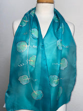 Load image into Gallery viewer, Sweet Peas Design Hand Painted Silk Neck Scarf Turquoise, Silver
