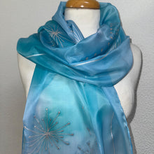 Load image into Gallery viewer, Seed Heads Design Long Scarf : Hand Painted Silk in Blue and Silver
