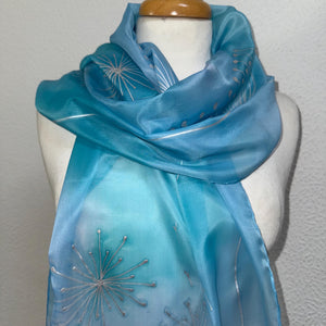 Seed Heads Design Long Scarf : Hand Painted Silk in Blue and Silver