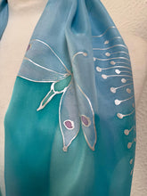 Load image into Gallery viewer, Seed Heads Design Long Scarf : Hand Painted Silk in Blue and Silver
