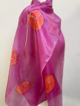Load image into Gallery viewer, Sweet Pea Design Long Scarf : Hand Painted Silk in Dark Pink Coral Copper
