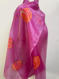 Sweet Pea Design Long Scarf : Hand Painted Silk in Dark Pink Coral Copper