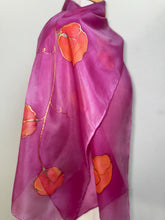 Load image into Gallery viewer, Sweet Pea Design Long Scarf : Hand Painted Silk in Dark Pink Coral Copper

