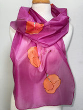 Load image into Gallery viewer, Sweet Pea Design Long Scarf : Hand Painted Silk in Dark Pink Coral Copper
