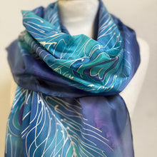 Load image into Gallery viewer, Peacock Feathers Design Long Scarf : Hand Painted Silk in Blue Turquoise Silver by Designer Silk Artist
