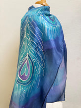 Load image into Gallery viewer, Peacock Feathers Design Long Scarf : Hand Painted Silk in Blue Turquoise Silver by Designer Silk Artist
