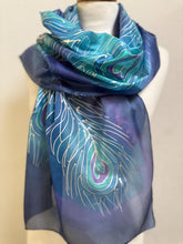 Load image into Gallery viewer, Peacock Feathers Design Long Scarf : Hand Painted Silk in Blue Turquoise Silver by Designer Silk Artist
