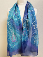 Load image into Gallery viewer, Peacock Feathers Design Long Scarf : Hand Painted Silk in Blue Turquoise Silver by Designer Silk Artist
