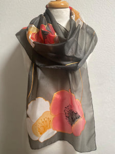 Poppies Design X Long Silk Scarf Red White and Black : Hand Painted Silk