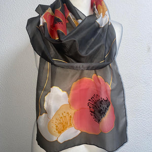 Poppies Design X Long Silk Scarf Red White and Black : Hand Painted Silk
