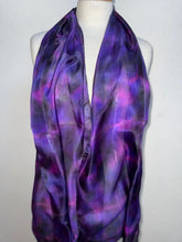 Load image into Gallery viewer, Hand Dyed Long Silk Scarf in Purple Charcoal Pink
