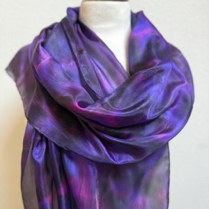 Hand Dyed Long Silk Scarf in Purple Charcoal Pink