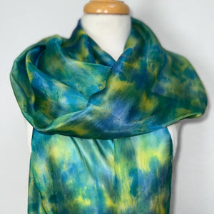 Hand Dyed Long Silk Scarf in Turquoise Blue Teal Lime