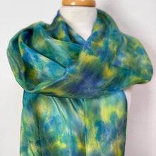 Load image into Gallery viewer, Hand Dyed Long Silk Scarf in Turquoise Blue Teal Lime
