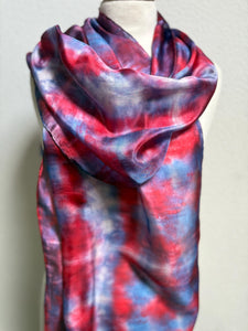 Hand Dyed Long Silk Scarf in Shades of Red Blue