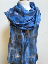 Load image into Gallery viewer, Hand Dyed Long Silk Scarf in Shades of Blue Charcoal Light Blue
