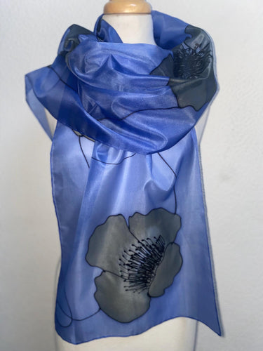Poppy Noir Design X Long Silk Scarf Cornflower Blue and Black : Hand Painted Silk
