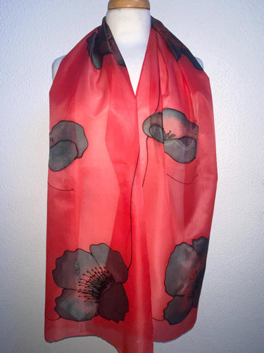 Poppy Noir Design X Long Silk Scarf Scarlet Red and Black : Hand Painted Silk