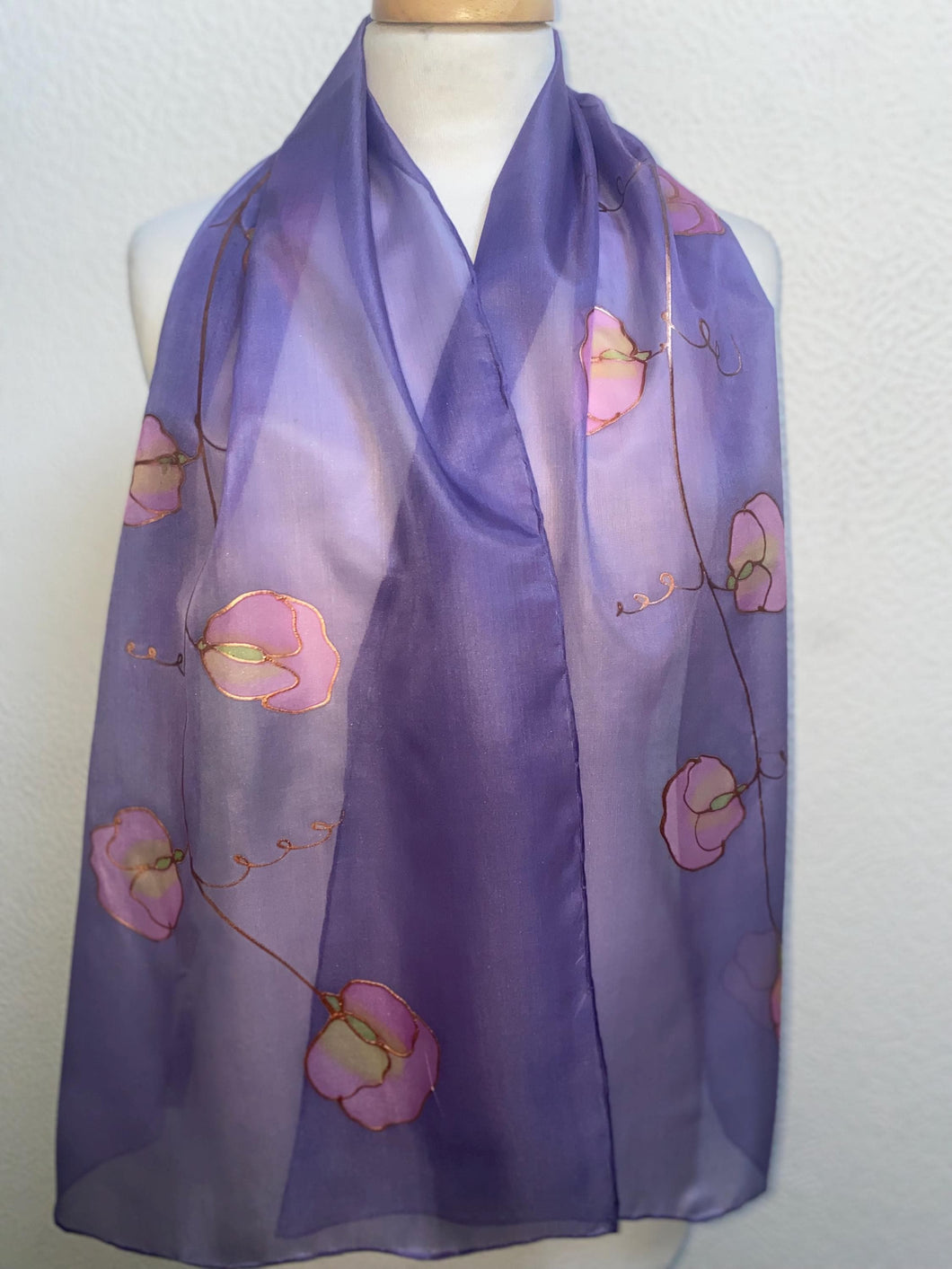Sweet Pea Design Long Scarf : Hand Painted Silk in Light Purple Pink Copper
