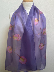 Sweet Pea Design Long Scarf : Hand Painted Silk in Light Purple Pink Copper