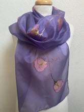 Load image into Gallery viewer, Sweet Pea Design Long Scarf : Hand Painted Silk in Light Purple Pink Copper
