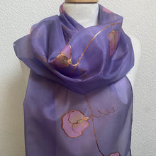 Load image into Gallery viewer, Sweet Pea Design Long Scarf : Hand Painted Silk in Light Purple Pink Copper
