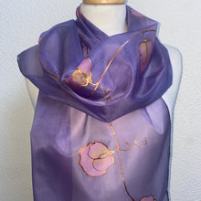 Load image into Gallery viewer, Sweet Pea Design Long Scarf : Hand Painted Silk in Light Purple Pink Copper
