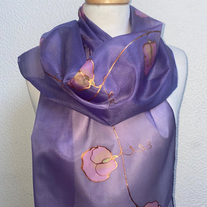 Sweet Pea Design Long Scarf : Hand Painted Silk in Light Purple Pink Copper