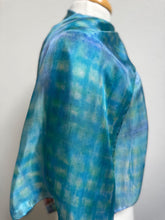 Load image into Gallery viewer, Hand Dyed Silk Neck Scarf in Turquoise Lime Navy Blue by Designer Silk Artist
