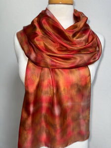 Hand Dyed Silk Neck Scarf in Tan Red Brown by Designer Silk Artist