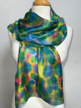 Load image into Gallery viewer, Hand Dyed Silk Neck Scarf in Green Yellow Blue Pink by Designer Silk Artist
