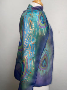 Peacock Feathers Design Hand Painted Silk Neck Scarf in Blue Green Turquoise Copper
