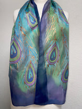 Load image into Gallery viewer, Peacock Feathers Design Hand Painted Silk Neck Scarf in Blue Green Turquoise Copper
