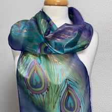 Load image into Gallery viewer, Peacock Feathers Design Hand Painted Silk Neck Scarf in Blue Green Turquoise Copper
