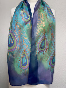 Peacock Feathers Design Hand Painted Silk Neck Scarf in Blue Green Turquoise Copper