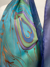 Load image into Gallery viewer, Peacock Feathers Design Hand Painted Silk Neck Scarf in Blue Green Turquoise Copper
