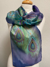 Load image into Gallery viewer, Peacock Feathers Design Hand Painted Silk Neck Scarf in Blue Green Turquoise Copper
