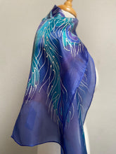 Load image into Gallery viewer, Peacock Feathers Design Hand Painted Silk Neck Scarf in Blue Purple Teal Silver
