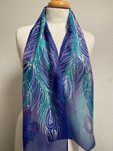 Load image into Gallery viewer, Peacock Feathers Design Hand Painted Silk Neck Scarf in Blue Purple Teal Silver
