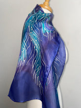 Load image into Gallery viewer, Peacock Feathers Design Hand Painted Silk Neck Scarf in Blue Purple Teal Silver
