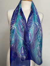 Load image into Gallery viewer, Peacock Feathers Design Hand Painted Silk Neck Scarf in Blue Purple Teal Silver
