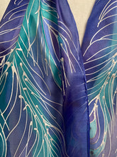 Load image into Gallery viewer, Peacock Feathers Design Hand Painted Silk Neck Scarf in Blue Purple Teal Silver

