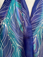Load image into Gallery viewer, Peacock Feathers Design Hand Painted Silk Neck Scarf in Blue Purple Teal Silver
