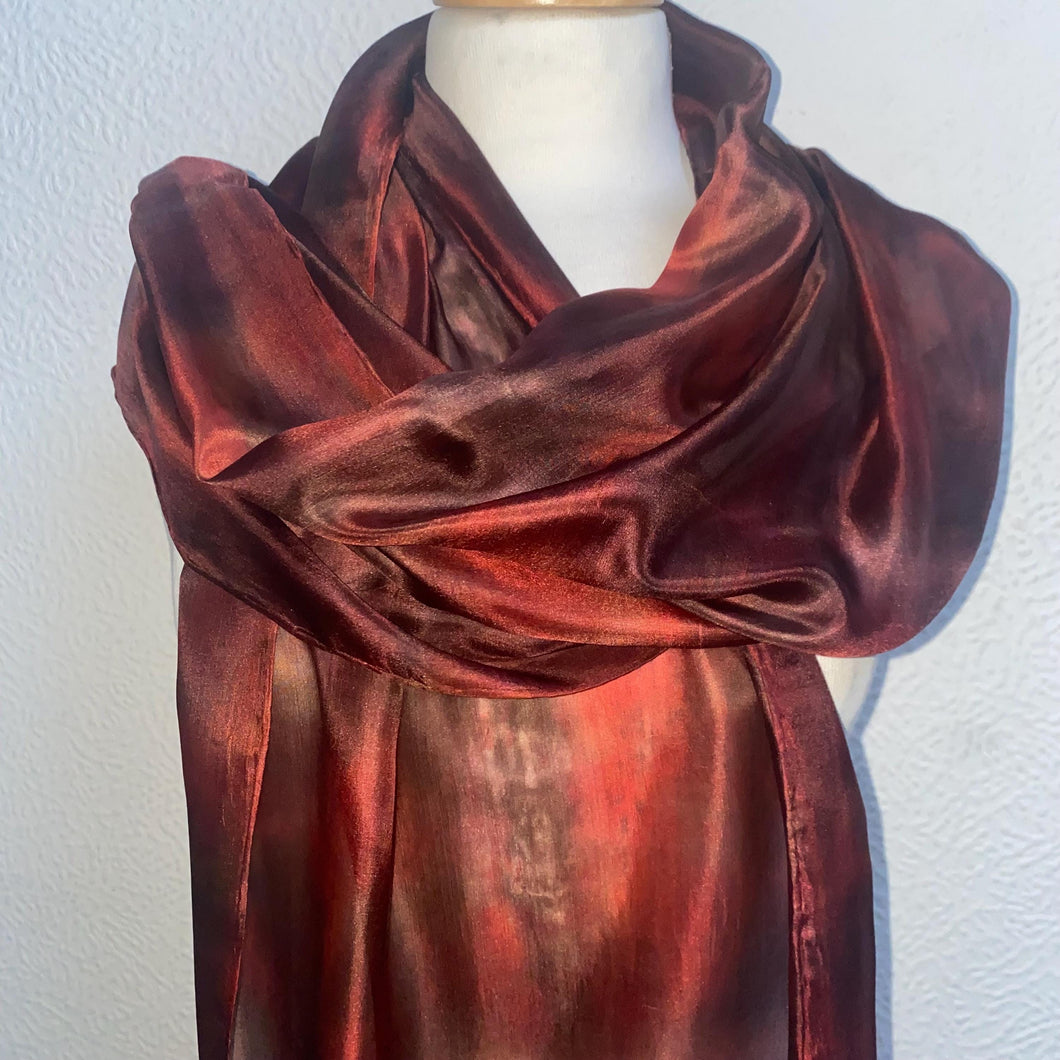 Hand Dyed Long Silk Scarf in Choccy & Red