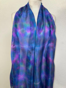Hand Dyed Long Silk Scarf in Blue Green Purple Pink